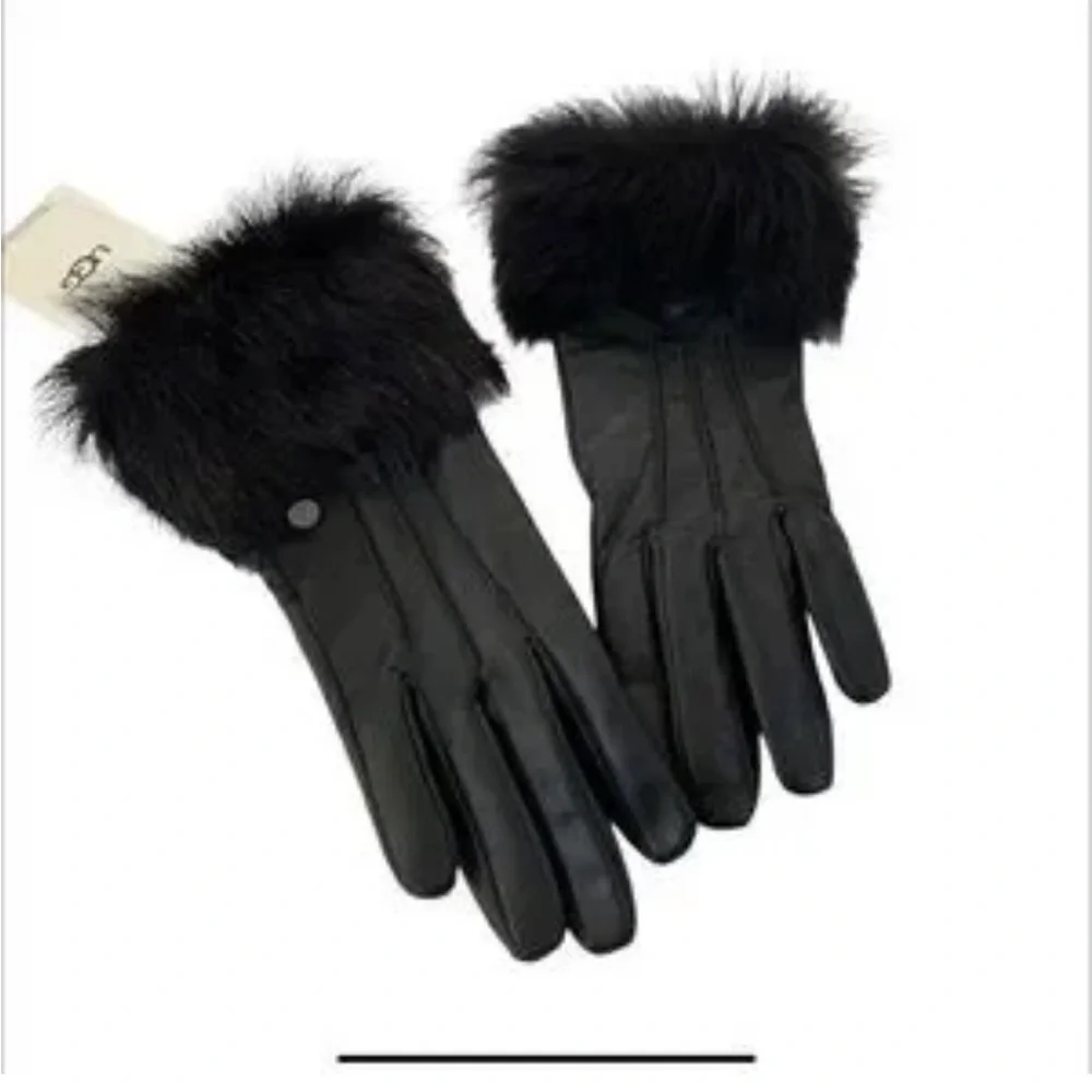 UGG Genuine Dyed Shearling black  Leather Trimmed Gloves women size large NEW